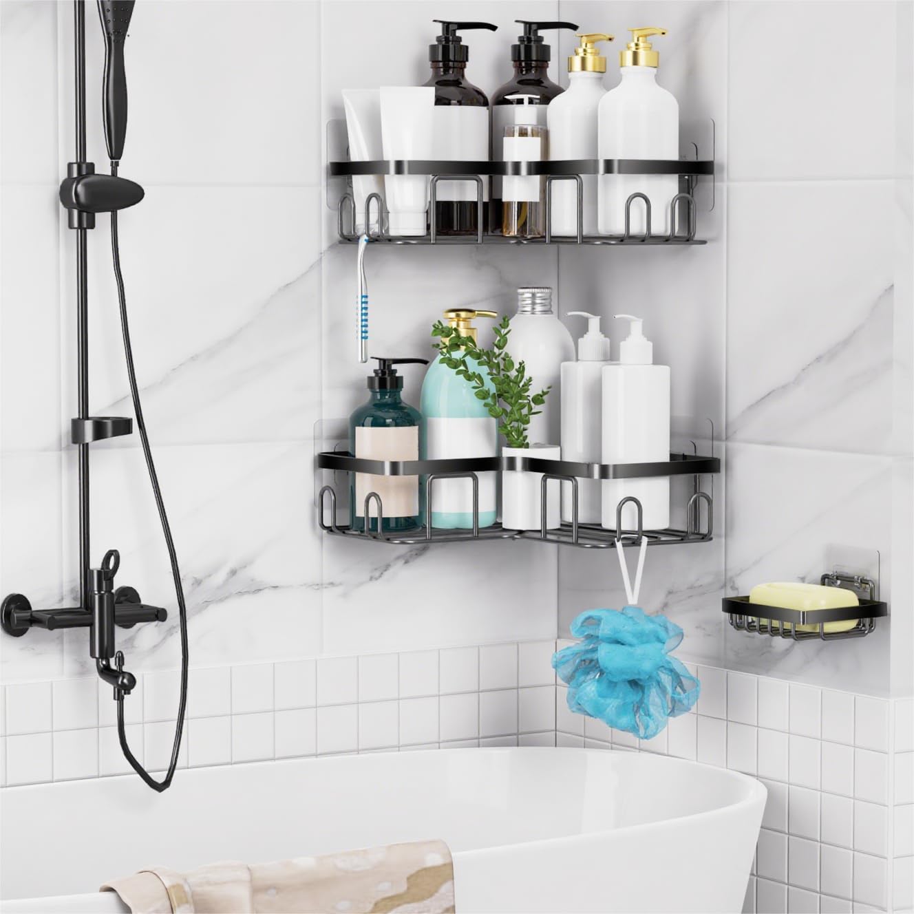Moforoco Adhesive Corner Shower Caddy, 3 Pack Organizer Shelf with Soap Holder and 12 Hooks, Shelves Rustproof for Bathroom, Storage Basket Bathroom Accessories(Black)