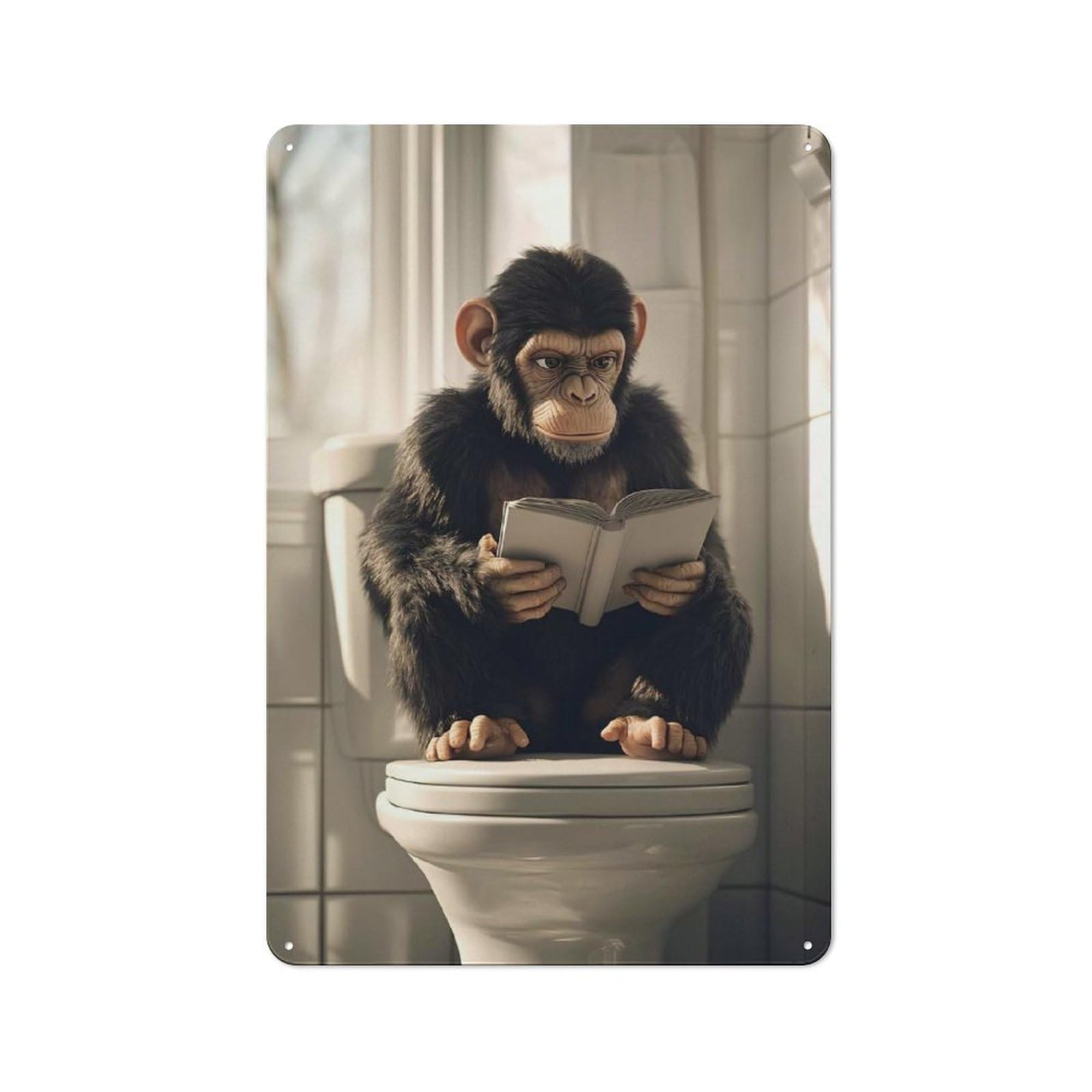 Garage Style Chimpanzee Reading on Toilet Decorative Metal Plaque 30x20cm, Garage Wall Decor for Workshop, Basement, Shed Or Games Room