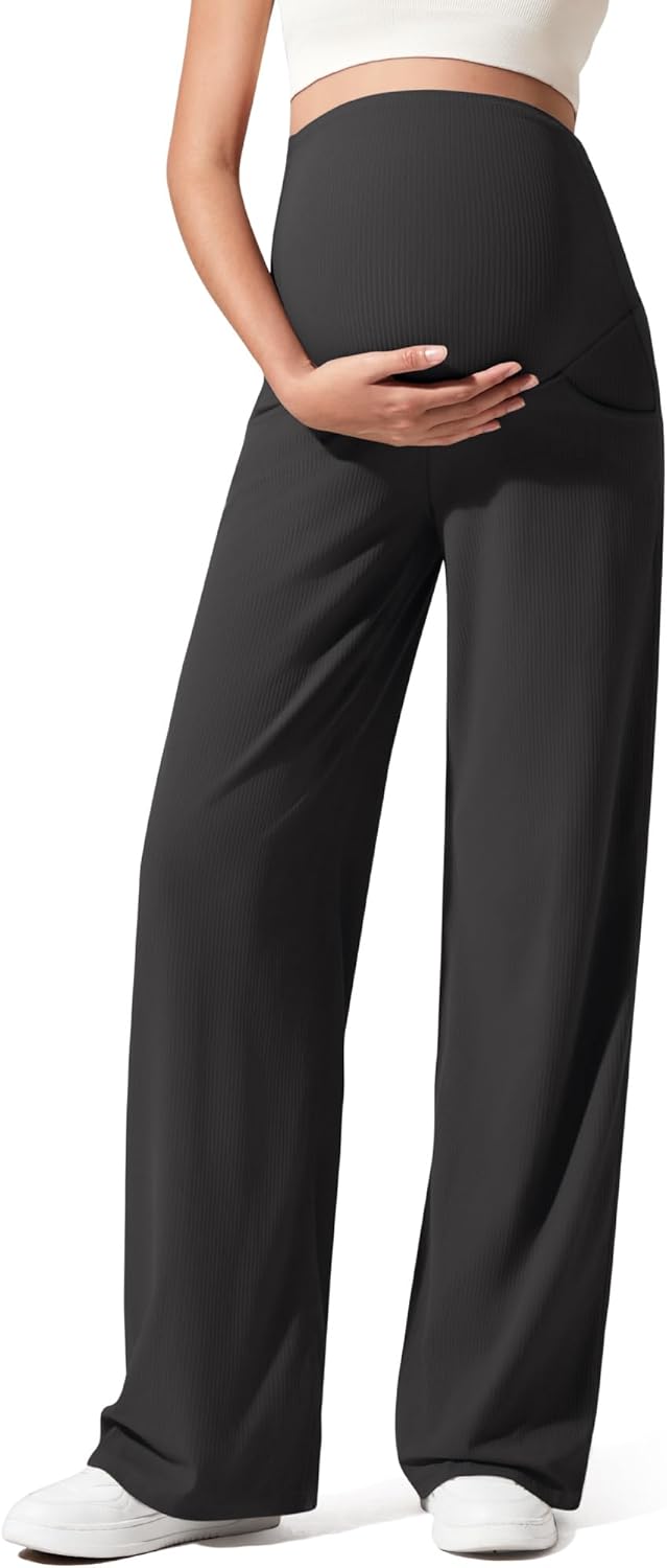 G4Free Maternity Lounge Pants with Pockets Over The Belly Stretchy Workout Pregnancy Wide Leg Trousers(Black,L,Regular)