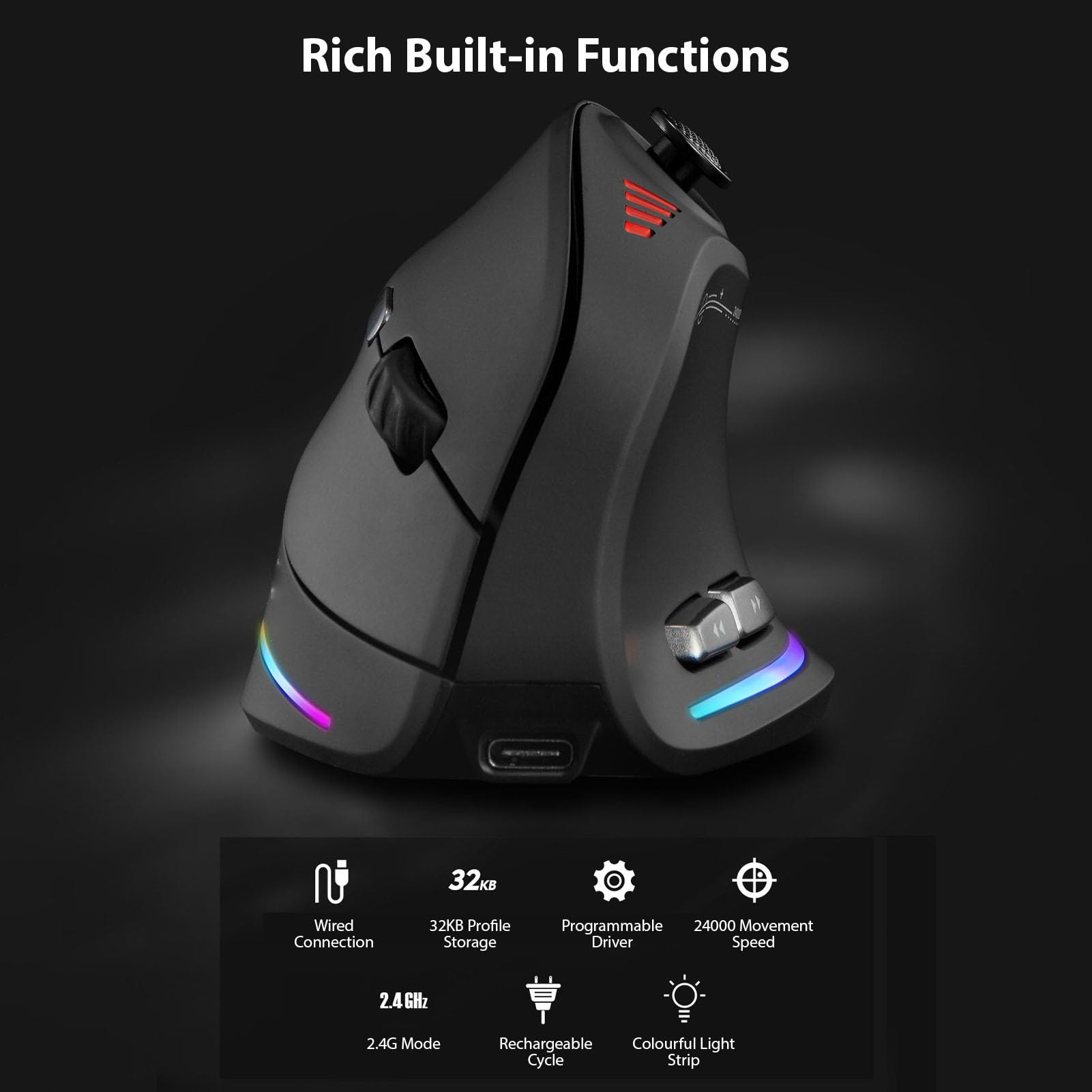 Mouse Ergonomico Verticale, modalità Triple (BLACK) | Mouse da gioco wireless, con joystick, ricaricabile 800mAh, 24000 DPI, per PC portatile