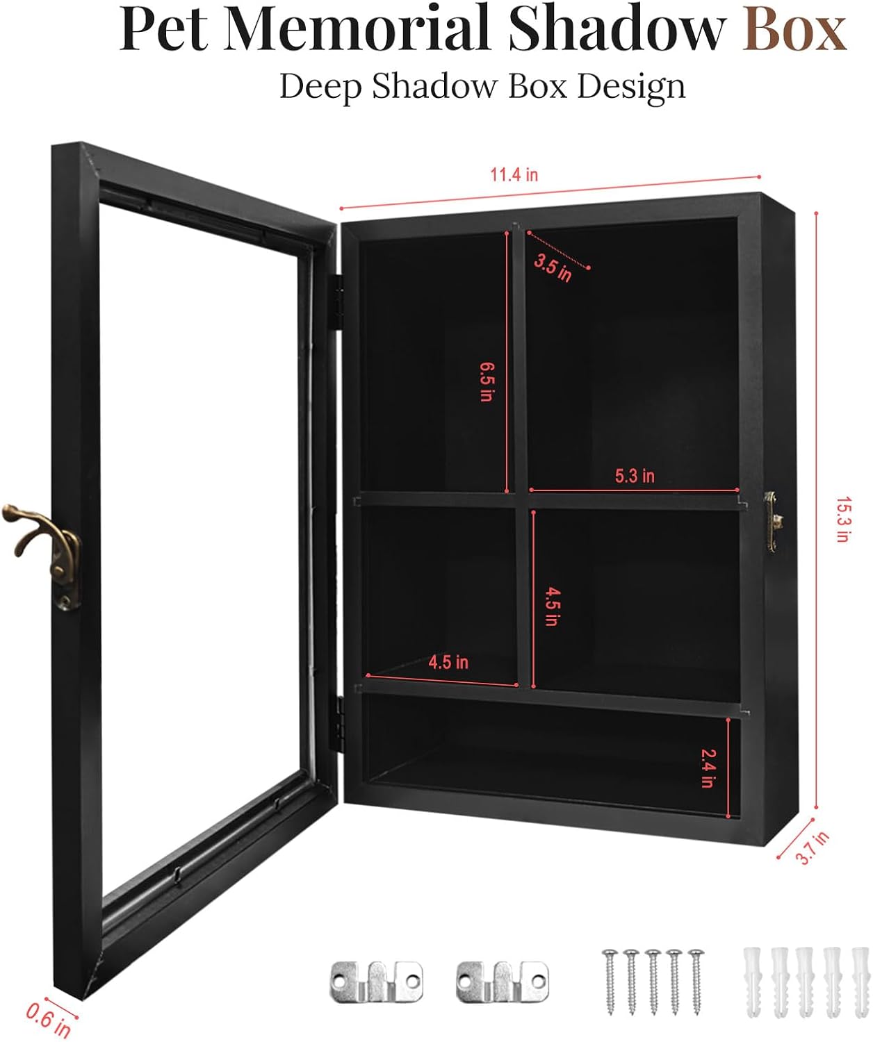 Pet Memorial Shadow Box with Shelves, Deep Shadow Box Display Case for Dog & Cat Memories, 15.3x11.4x4.3 Inch Pet Memorial Frame for Collar, Photo & Paw Print Keepsakes