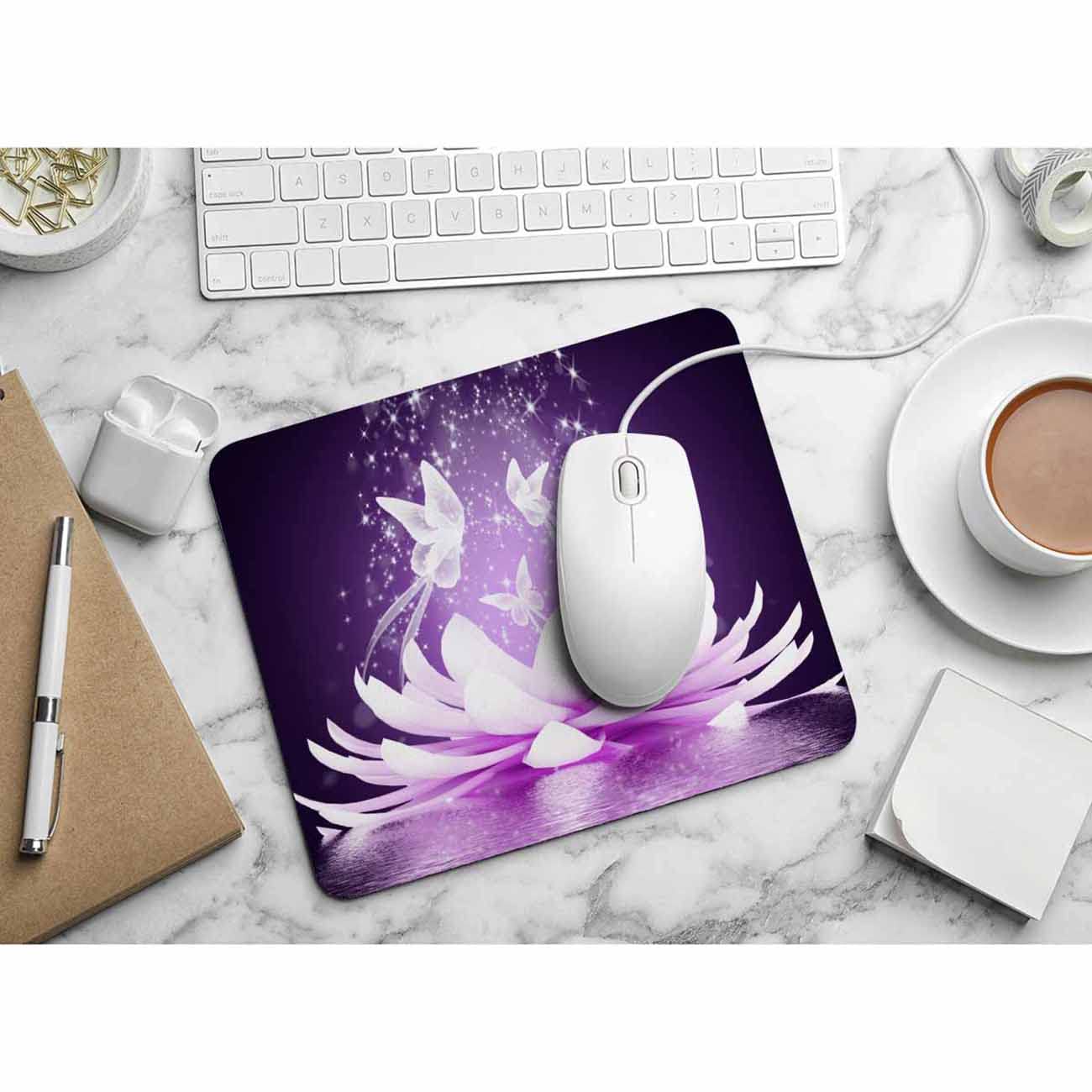Tapis De Souris Rond 20 Cm - Motif Orchidée Violet - Base Antidérapante En Caoutchouc - Pour Bureau & Jeu - 9