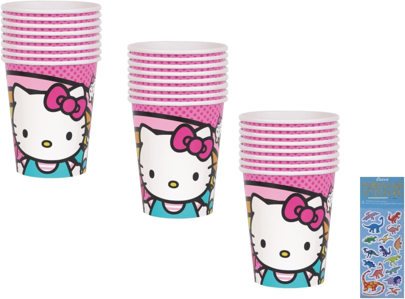 Unique Hello Kitty Birthday Party Supplies Bundle includes 24 Party Paper Cups and 1 Dinosaur Sticker Sheet