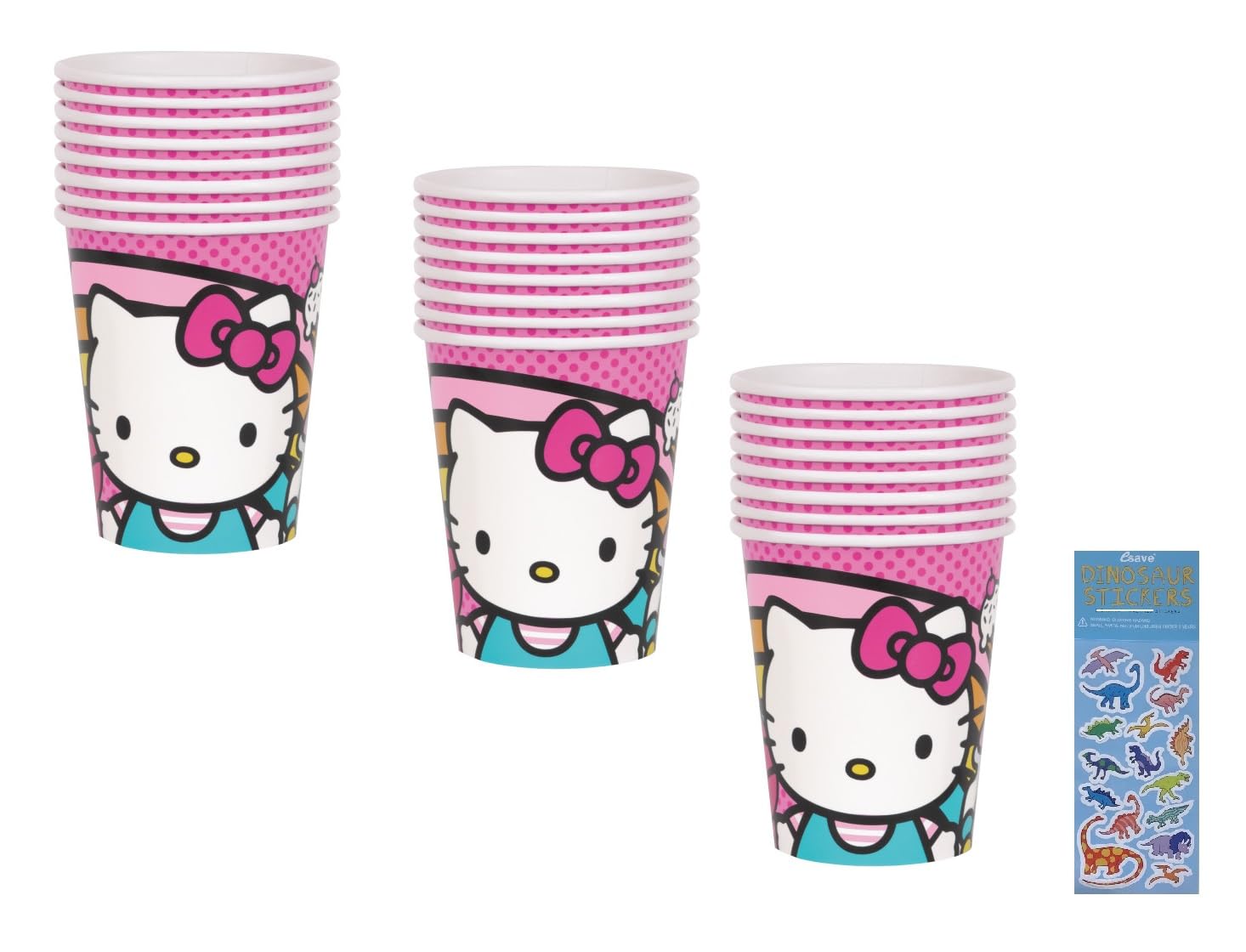 Unique Hello Kitty Birthday Party Supplies Bundle includes 24 Party Paper Cups and 1 Dinosaur Sticker Sheet