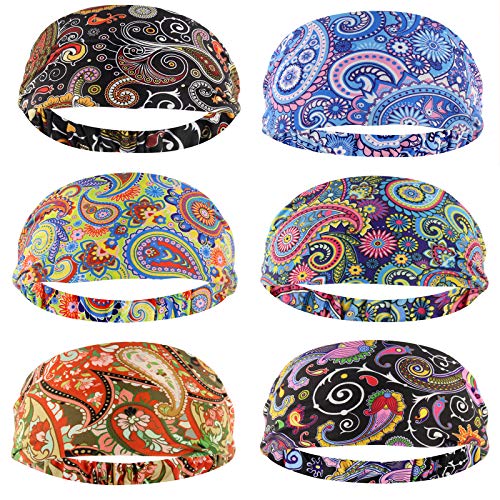 Carede Paisley Bandana Headbands for Women Elastic Yoga Headbands Outdoor Floral Print Sport Headbands Non Slip Hair bands,Pack of 6