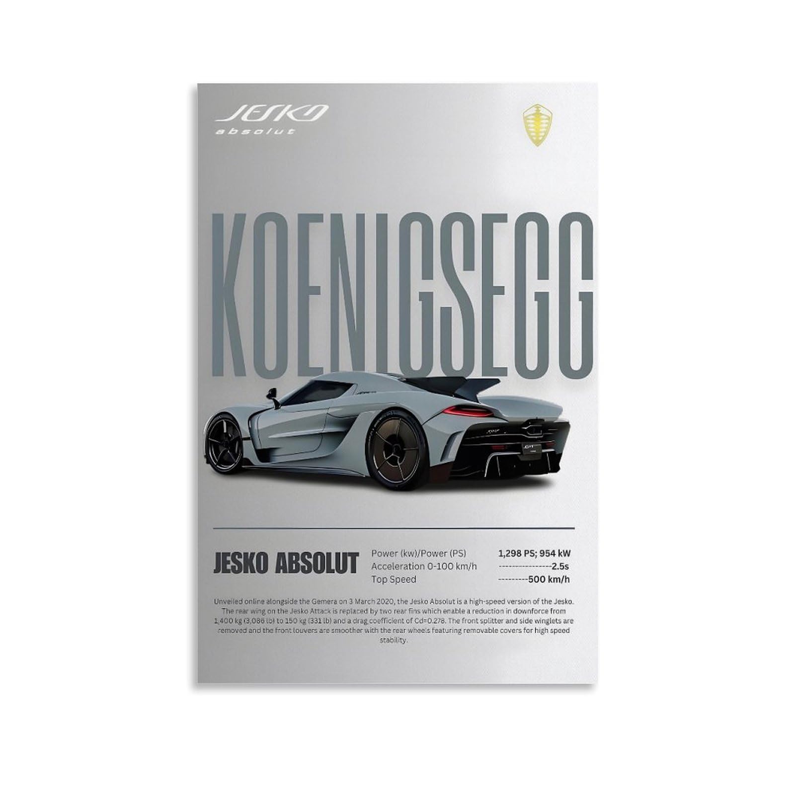 Pokkmnjb Unframe-Style Koenigsegg Jesko Super Sports Car Posters Aesthetic Canvas Wall Art Print Home Decor For Bedroom Living Room12x18inch(30X45cm)