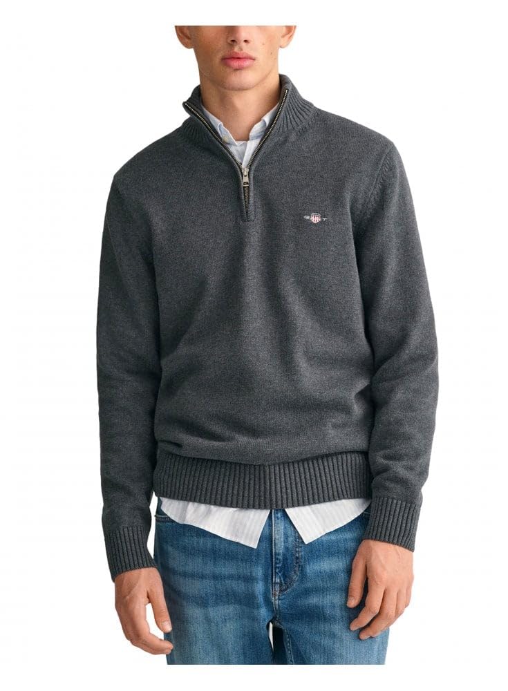 Gant Men's Antracite Melange Cotton Half Zip Cream Sweater Charcoal Medium