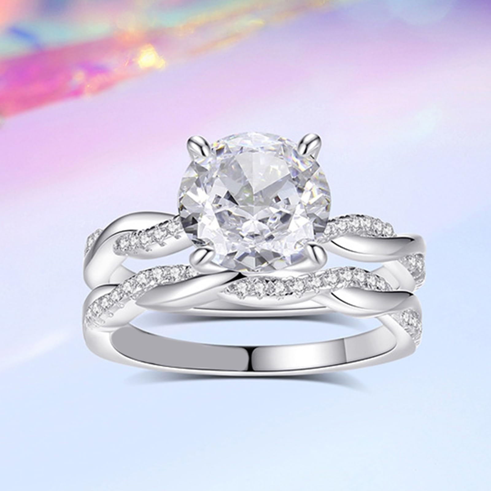 Anillo de oro blanco para mujer, anillo de compromiso, oro auténtico, moissanite, 2 quilates, apilable, juego de 2 anillos de oro para mujeres