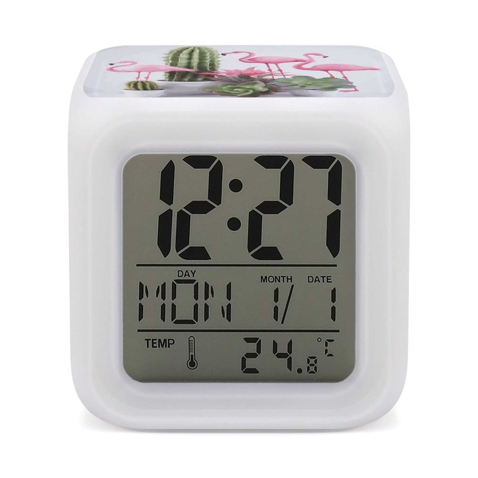 JTREHY 7 Color Changing LED Digital Alarm Clock,Flamingo Succulent Plants Printed Wake-up Clock with Temperature Display Home Decoration Alarm Clock for Bedroom Office