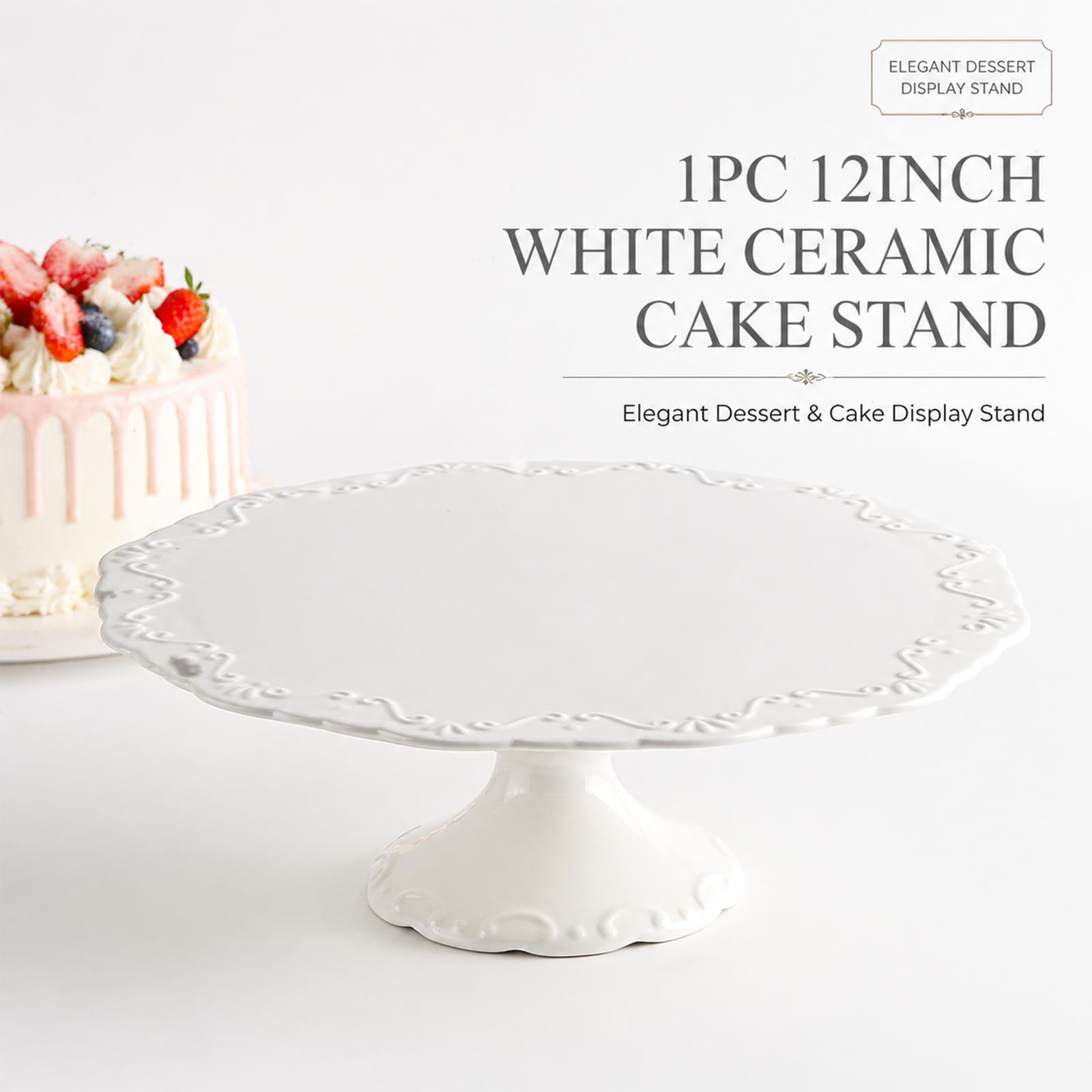 Soporte Para Pasteles De Porcelana Blanca De 12 Pulgadas (30cm), 1 Pieza Elegante Soporte Europeo Con Relieve Y Base Alta, Apto Para Lavavajillas, Ideal Para Tarta