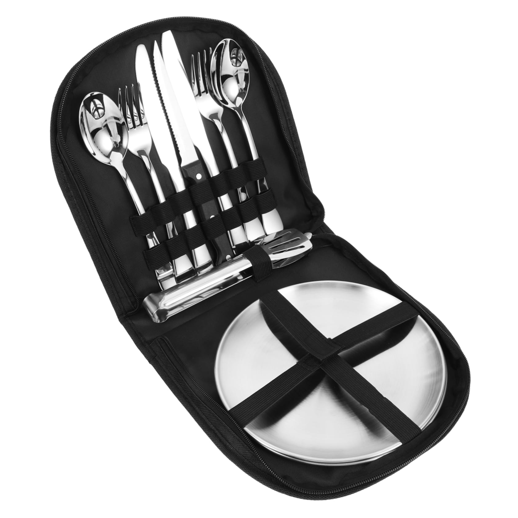 iplusmile Couverts de Camping en Acier Inoxydable, 1 Set Compact et Portable Paquet de Rangement Noir, pour Pique-niques et Randonnée