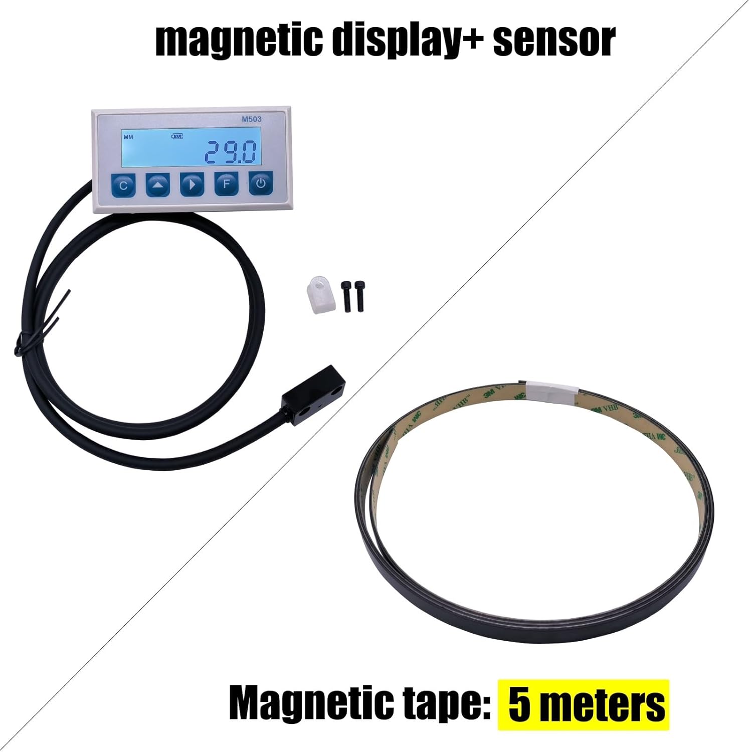 Overview of VGVGV M503 Linear Scale Encoder components: digital display, magnetic sensor, and magnetic tape.