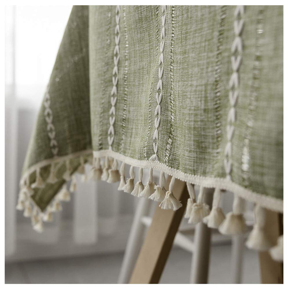 WLL Nappe de Table en Lin de Coton, 110x160cm, Vert Nappe rectangulaire de Style Simple avec Pompon décoratif, Lavable, Housse de Table Basse Anti-poussière pour Salle à Manger Maison Cuisine Jardin