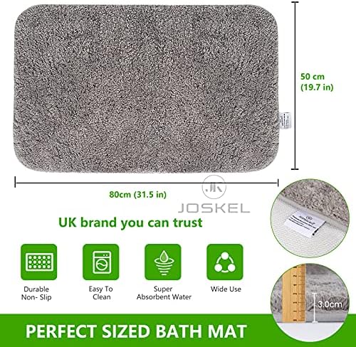 JOSKEL Non Slip Bath Mat |3cm thickness,80x50 cm| -Microfiber Bathroom Mats, Washable, Fast dry Bathroom Rug for Shower and Bath- Modern fabric Bath Mats for Adult,Elderly & Children- Light Grey