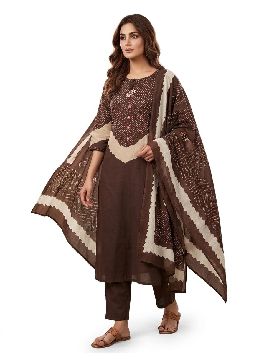 Women's Bandhani Print Kurta with Straight Pants and Dupatta Set, Brown, Cotton-picture-36