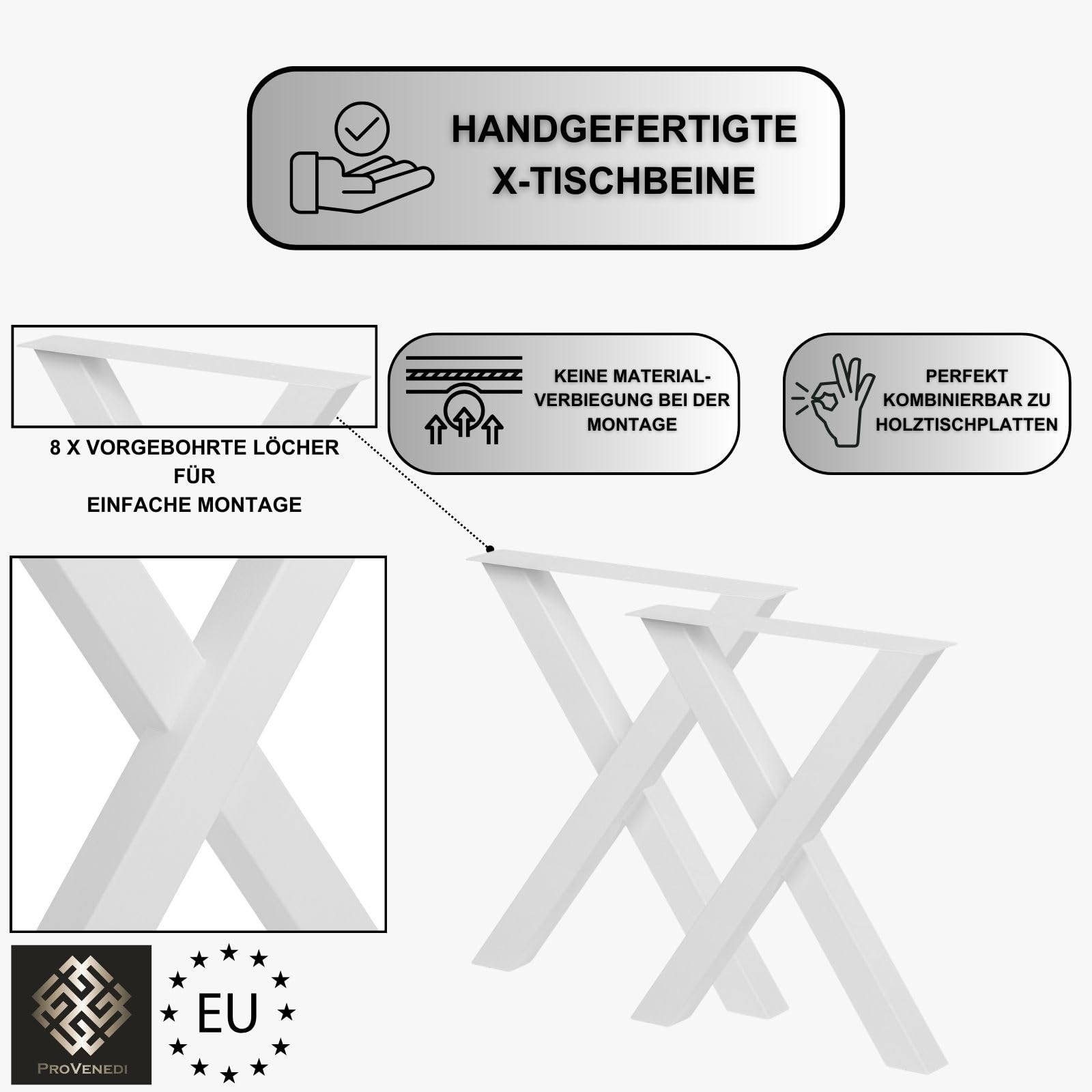 Tischbeine Metall weiß - 2 Stück X Form, rostfrei & modern - Tischgestell Maße L59 x B7 x H72 cm mit Bodenschoner für Schreibtisch Esstisch, Konferenztisch