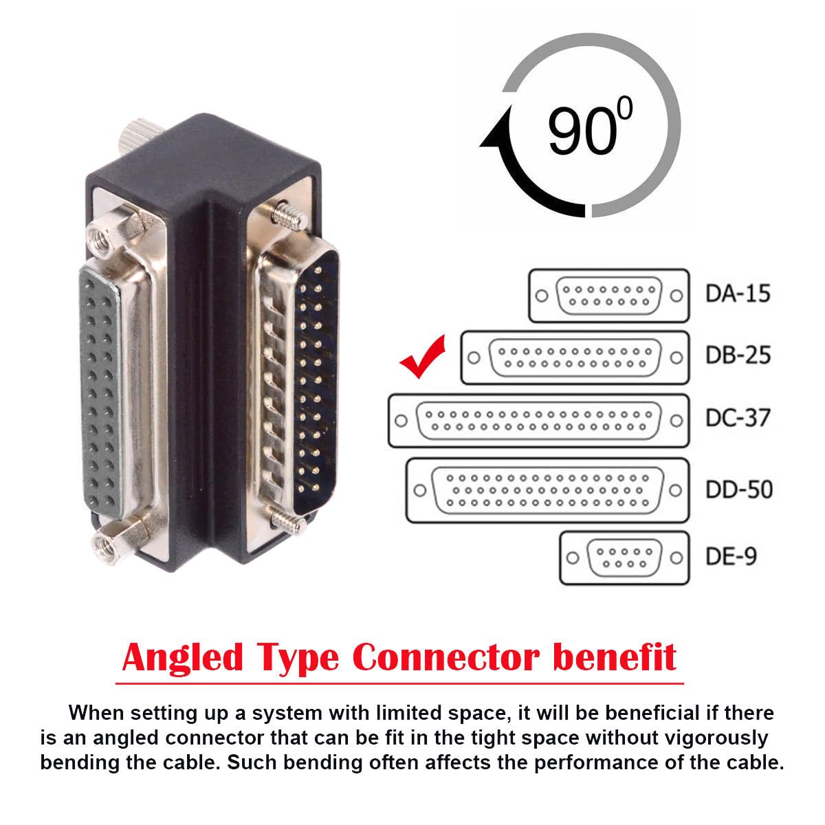 CY Adaptador DSUB Paralelo LPT AES/EBU DB25pin tuerca macho a hembra Tornillo adaptador de extensión DB macho acodado 90 grados hacia arriba