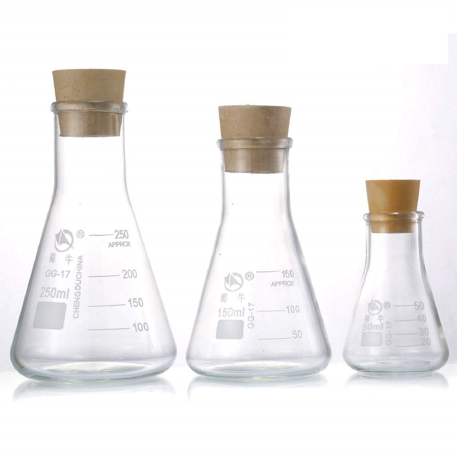 Set di Matracci di Erlenmeyer in Vetro Borosilicato - 50ml, 150ml, 250ml con Tappi in Gomma e Scale di Precisione per Laboratorio, Chimica, Scienza