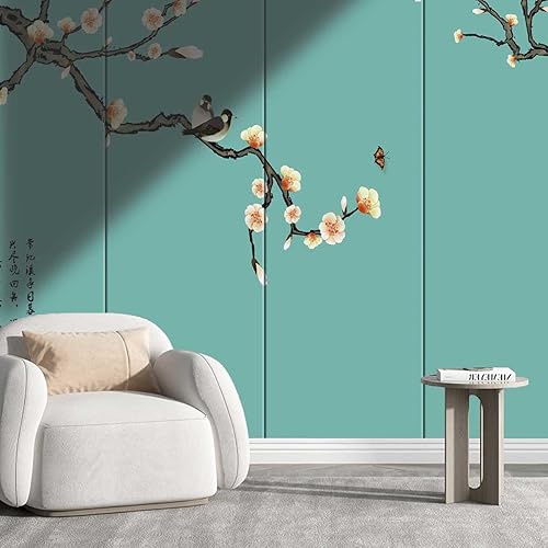 Papel tapiz para Baño estilo chino, papel de contacto Shiplap, flores de cerezo, flor de ciruelo, fondo de televisión, fácil de instalar (W) 40