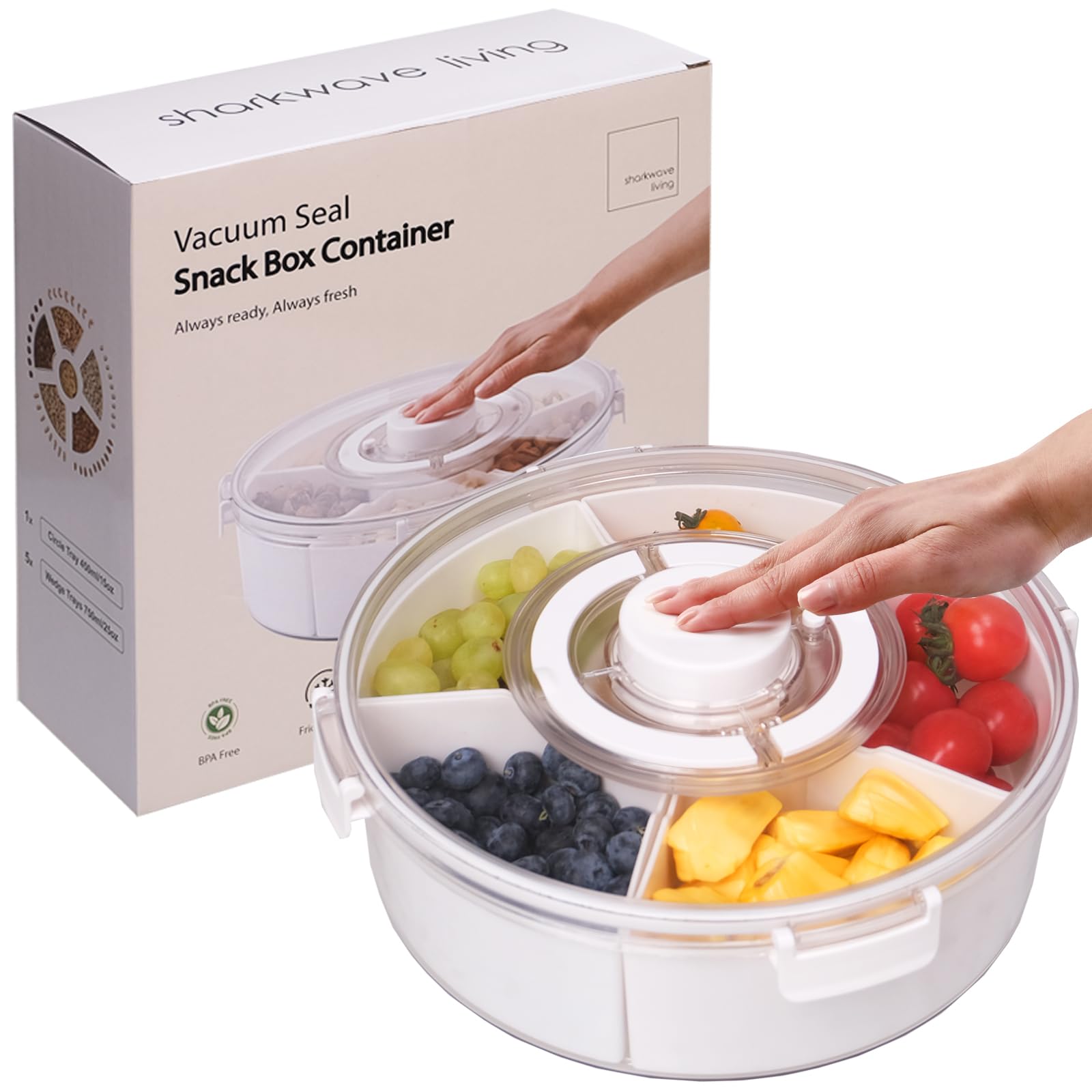 Divided Serving Tray with Lid and Handle, Vacuum Seal Snackle Box Container Keep Veggie, Fruit Snacks Nuts Fresh, Portable Charcuterie Storage for Child, Adults Travel, Party and Picnic