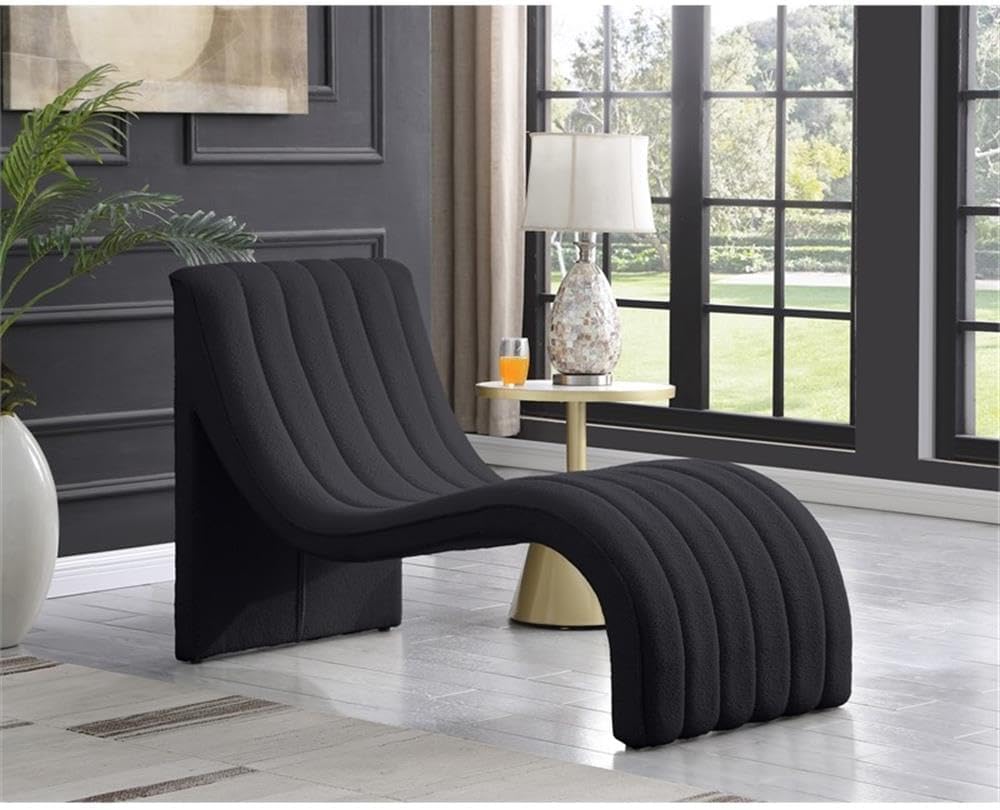 BOWERY HILL Contemporary Teddy Fabric Chaise, Soft Black, 26.5" W x 59" D x 36.5" H, Deep Channel Tufting, Curved Design, Modern Lounge Chair for Living Room or Bedroom