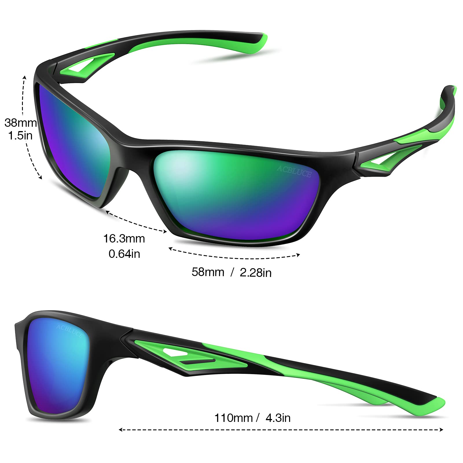 Gafas de sol para niños TPEE irrompibles polarizadas con correa ajustable para niños y niñas de 3 a 7 años, Marco negro/verde|lente Revo verde.