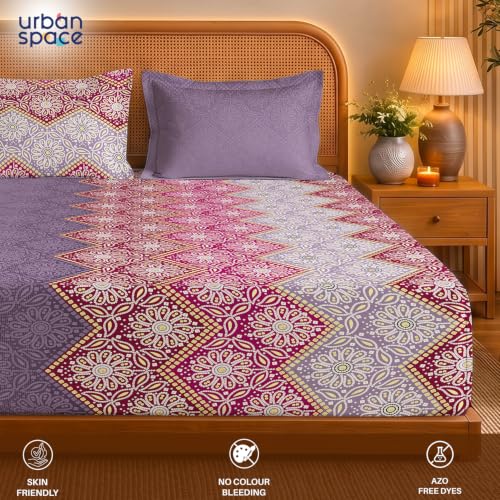 Image of Urban Space Serene 300TC 100% Cotton Bedsheet for Double Bed, Panel Design Bedsheet, Printed Queen Size Bed Sheet with 2 Pillow Covers (90 x 100 Inches, Lehriya Dusty Purple)