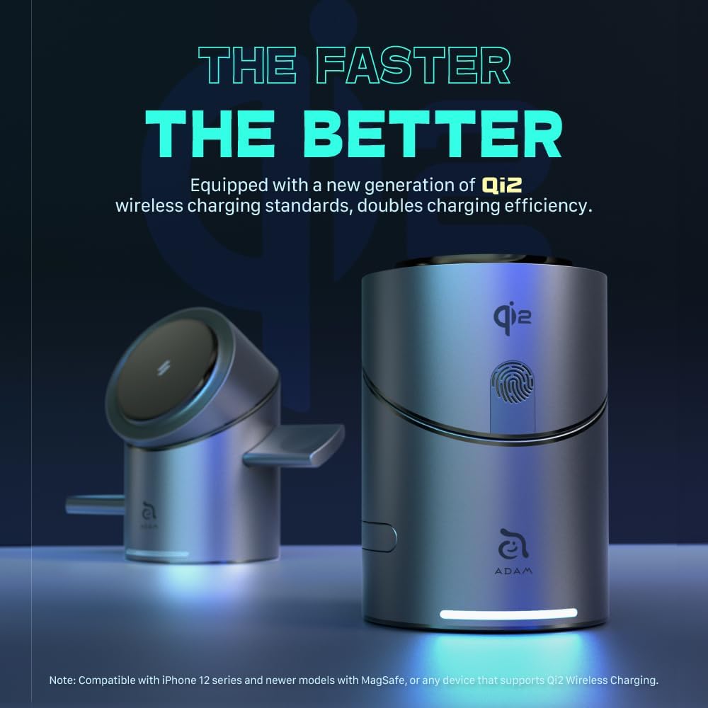 ADAM elements Qi2 Magnetic Wireless Charger/Fast Charger – Mag Tube Qi2 3-in-1 Intelligent Fast Charging Station 15W for iPhone 12/13/14/15/16/17 Series, Apple Watch & AirPods Series