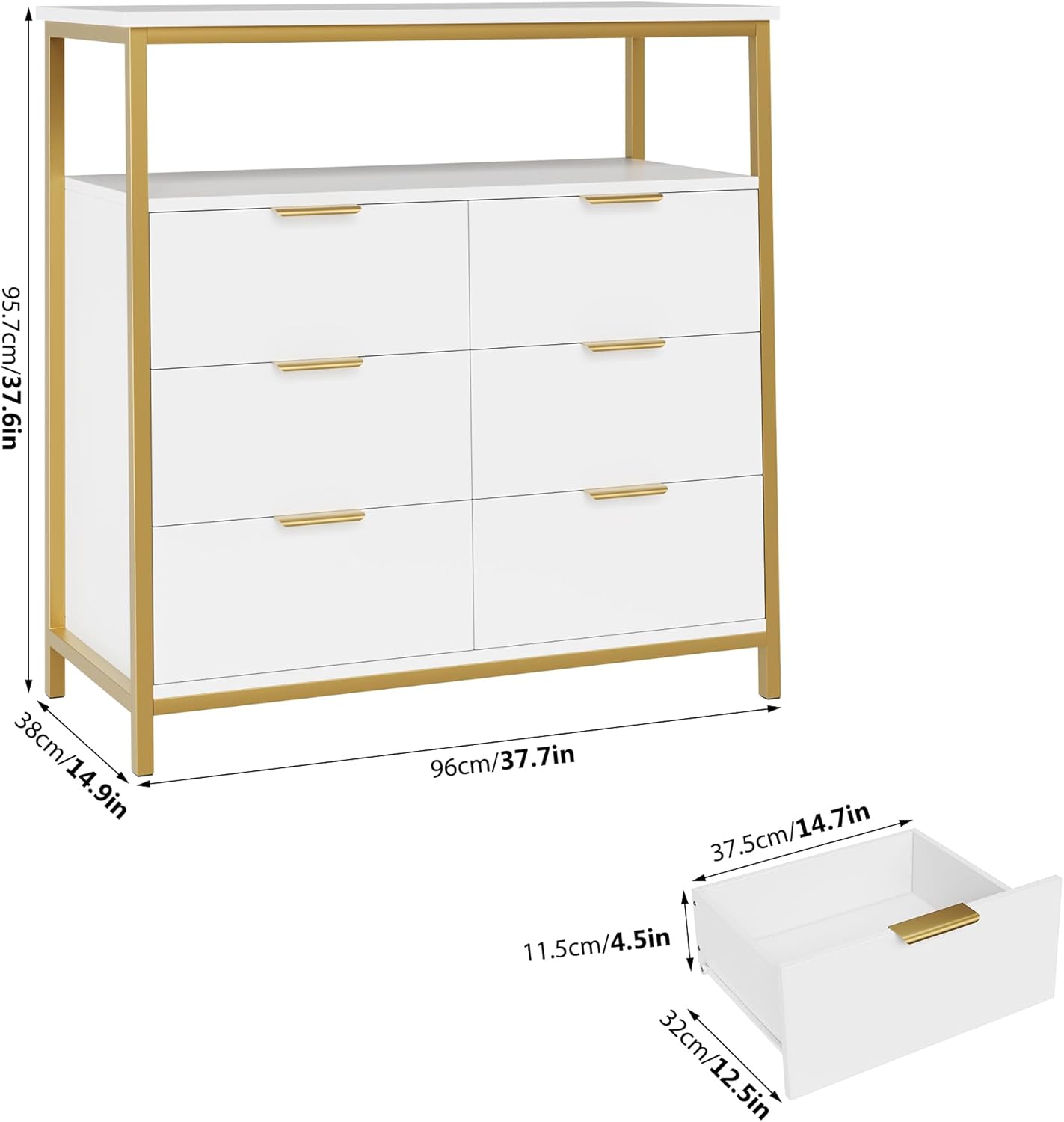 FACBOTALL Modern White Dresser, 6 Drawer Dresser with Shelf, Wood Chest of Drawers with Sturdy Steel Frame, Large Capacity 6 Drawer Chest or Living Room Home