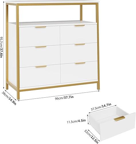 Miniatura 3 de FACBOTALL Cómoda blanca moderna, cómoda de 6 cajones con estante, cómoda de madera con marco de acero resistente, gran capacidad con 6 cajones o