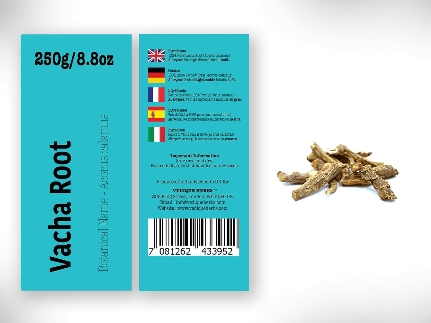 Vacha Root (Sweet Flag | Acorus Calamus) - 250g (8.8oz) | Raw, Crude, Dried | T-Cut | Premium Grade