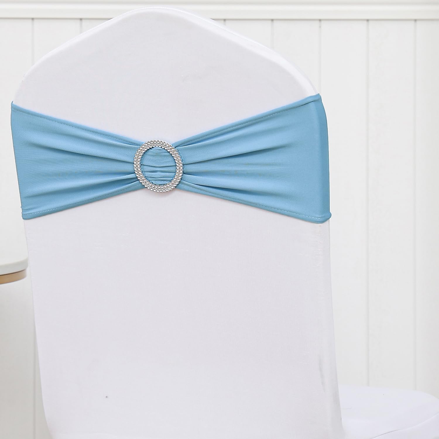 50 Pack Spandex Baby Blue Chair Sashes Bows Stretch Elastic Light Blue Chairs Bands with Buckles Ties for Party Celebration Ceremony Events Wedding Decorations