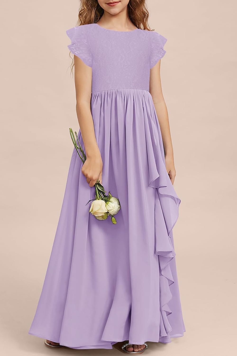 MITILLY Girls Lace Flower Maxi Dress Ruffle Sleeve A-Line Flowy Junior Bridesmaid Chiffon Dresses for Wedding Party - Image 2