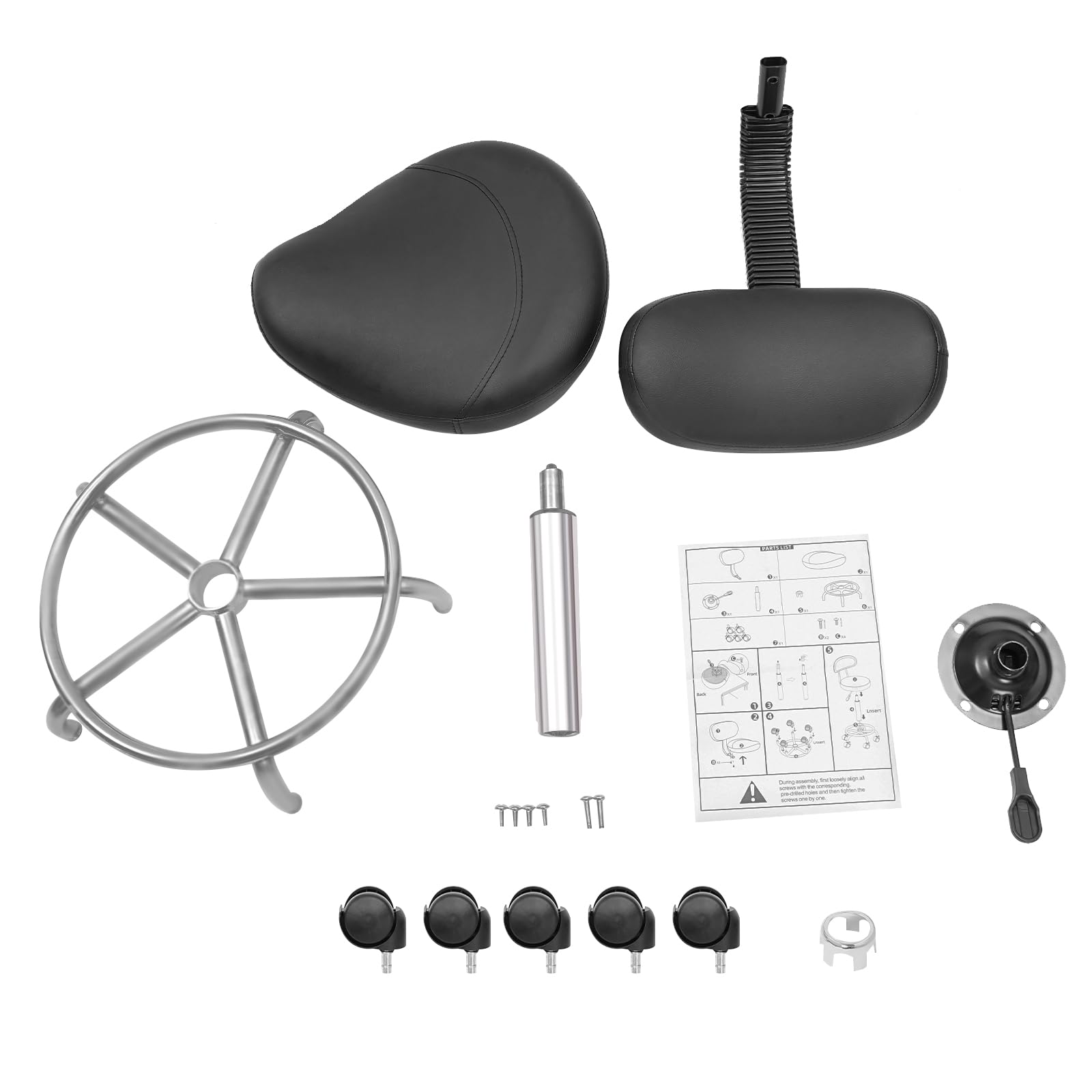 Sgabello a sella regolabile in altezza, con schienale, girevole a 360°, colore nero, design ergonomico, seduta comoda in poliuretano, per casa, salone, officina, 150 kg, portata 45-59 cm