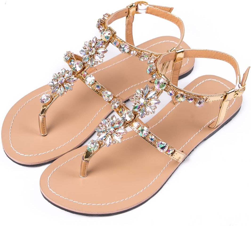 Suwequest Summer Women Casual T-Strap Sandals Flat Beach Rhinestone Shoes Shining Flip Flop Slipper