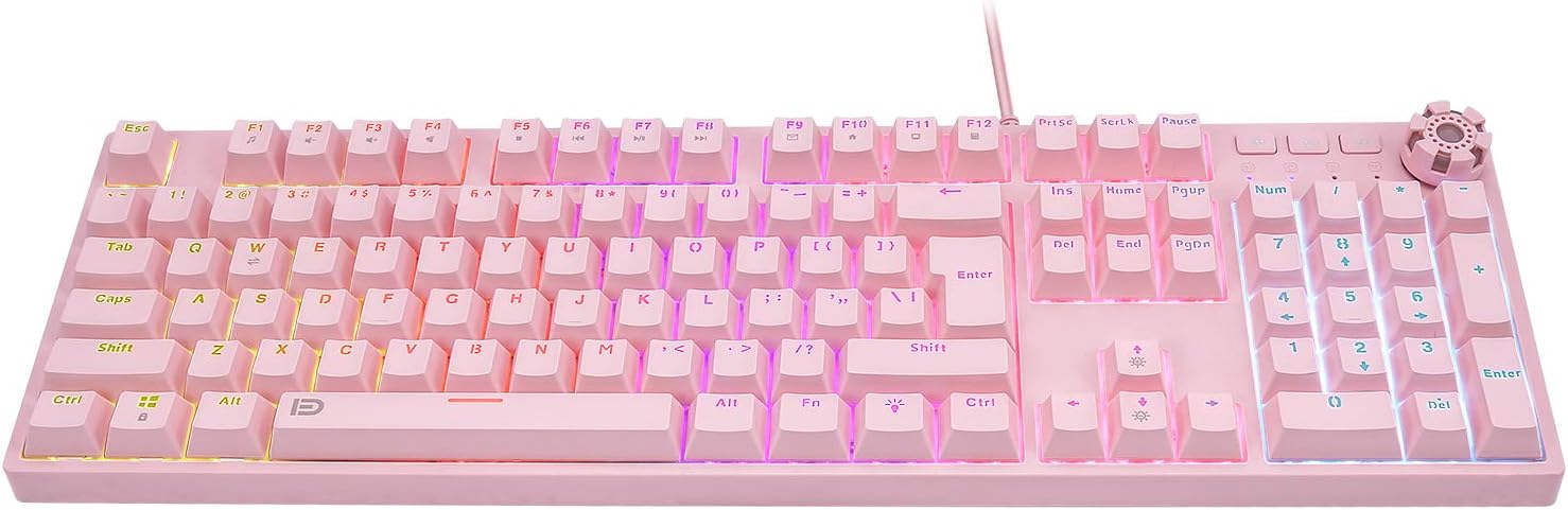 HUO JI Pink Mechanical Gaming Keyboard, USB Wired with Rainbow LED Backlit, Red Switches, Multimedia Keys,108 Keys No Conflict