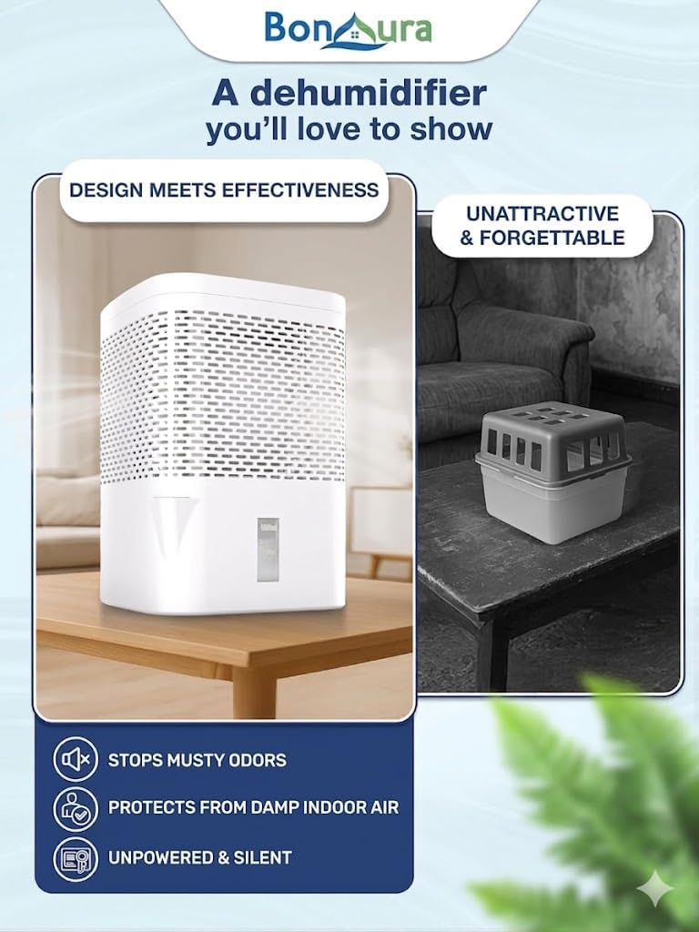 Non-Electric Dehumidifier – Moisture Absorber for Basement, Bathroom, Closet & RV, Includes 24oz Refill Pack with Dehumidifier Granules, Reusable, White