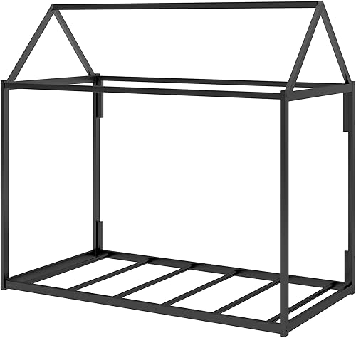 Miniatura 110 de Cama de casa de tamaño individual con diseño de valla y techo, marco de cama de metal, marco de cama de piso doble, base de cama Montessori de Color