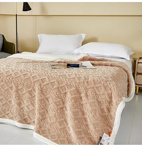 Muses + Home Beige Sherpa Fleece Blanket, And White, Reversible Plush Throw With Geometric Pattern