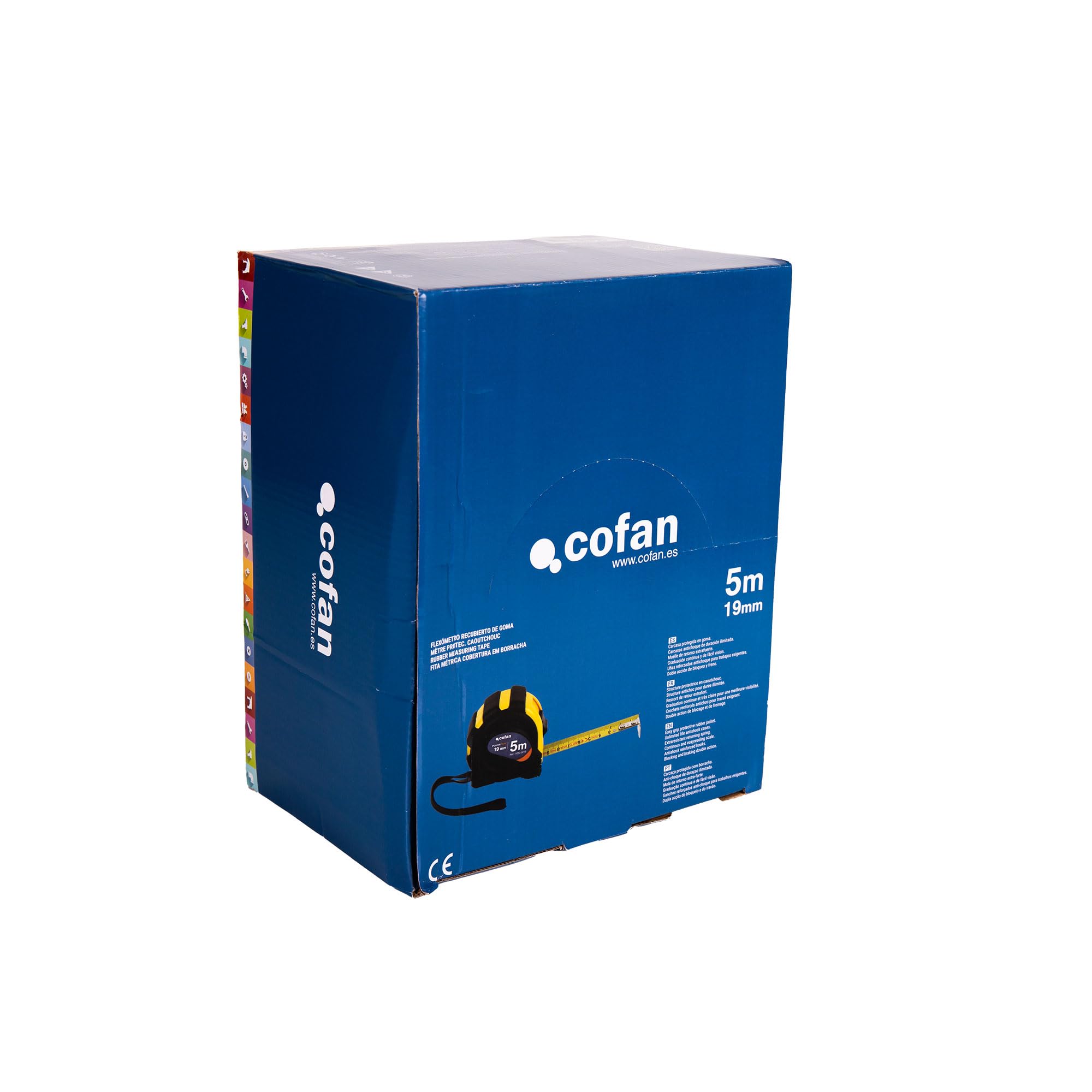 Cofan Espositore per Flexometri con protezione in gomma di Cofan | Include 12 flessometri | Flexometro 3 m x 19 mm o 5 m x 19 mm (foglio) (12, 5 m x 19 mm)