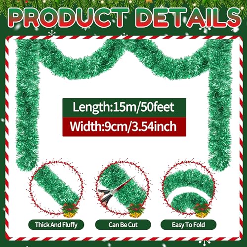 Image of 50 Ft Christmas Tinsel Garland Green Thick Tinsel Garland Xmas Tree Decorations Metallic Tinsel Twist Garland for Christmas, Birthday, Party Decor Indoor Outdoor Party Supplies