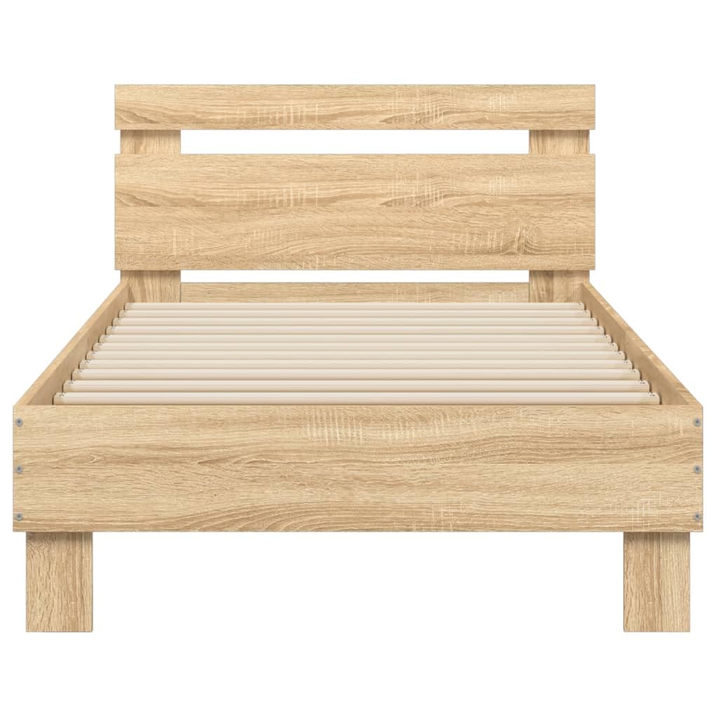 vidaXL Estructura de Cama con Cabecero Luces LED, Somier de Invitados, Armazón Marco de Cama, Mueble para Dormitorio, Roble Sonoma 90x190 cm