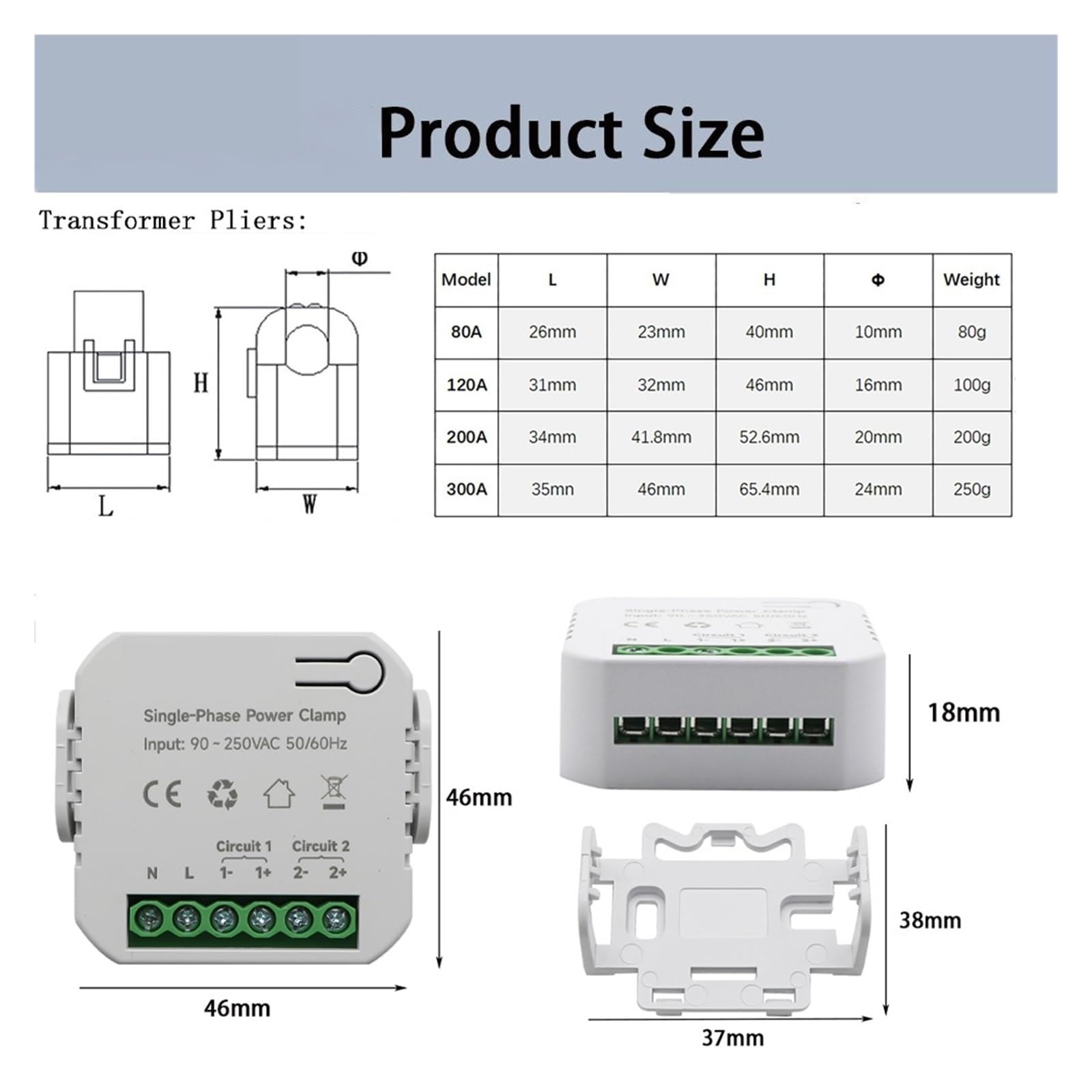 Interruttore Automatico, Contatore di energia Wi-Fi bilaterale bidirezionale intelligente Tuya App 80-300A con morsetto CT KWh Monitor consumo di energia elettrica Contatore Di Energia Multifunzionale