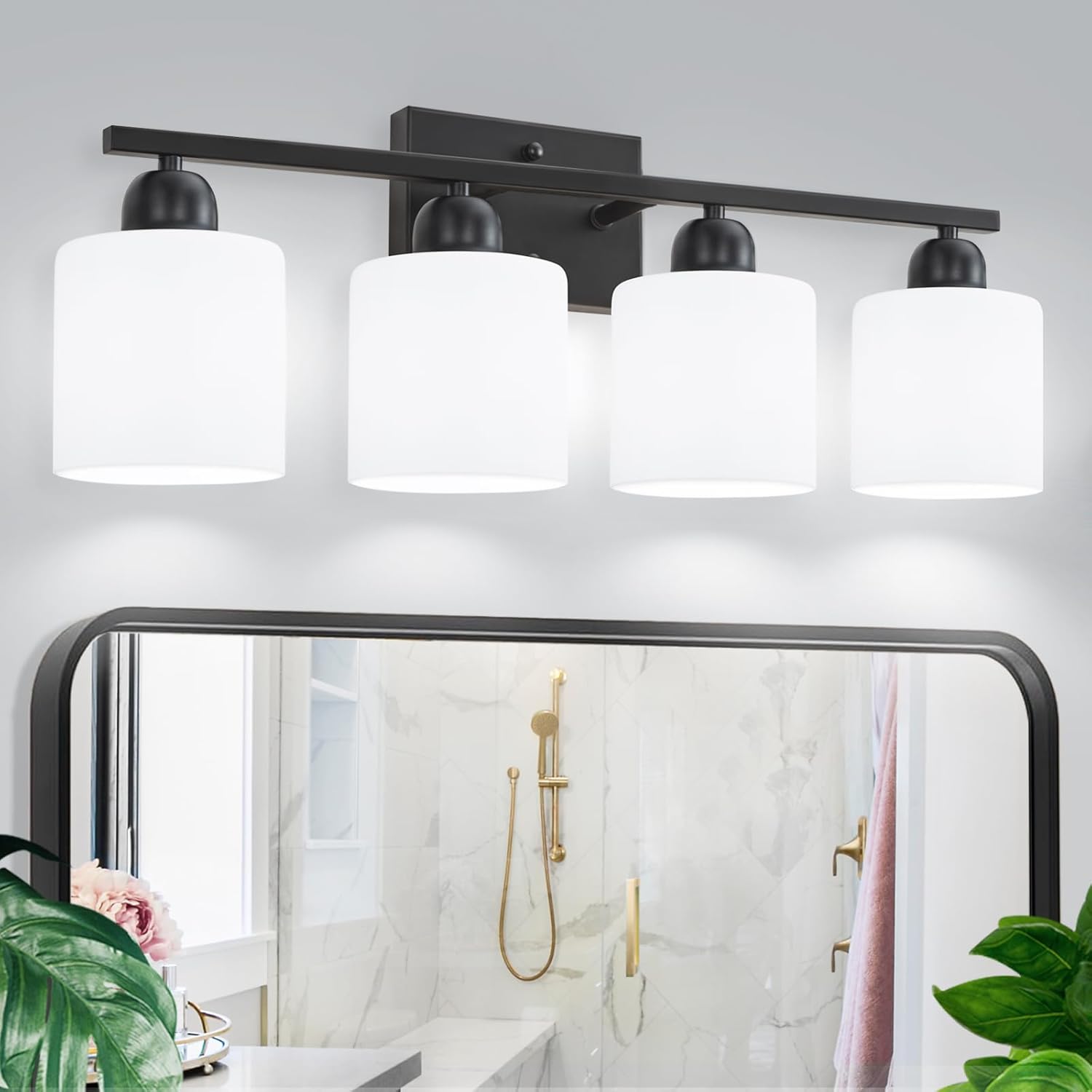 4-Light Black Bathroom Vanity Light, Bathroom Light Fixtures with Clear Glass Shades, Black Vanity Light for Bathroom Mirror, Bedroom, Living Room, Vanity Table, E26 Base