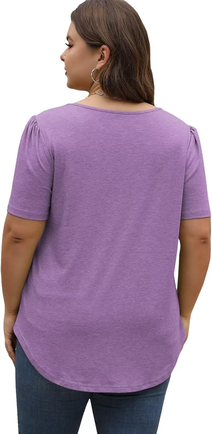 DOLNINE Plus Size Tops for Women Summer Puff Short Sleeve Shirts Casual Pleated Crewneck Tees - Image 2