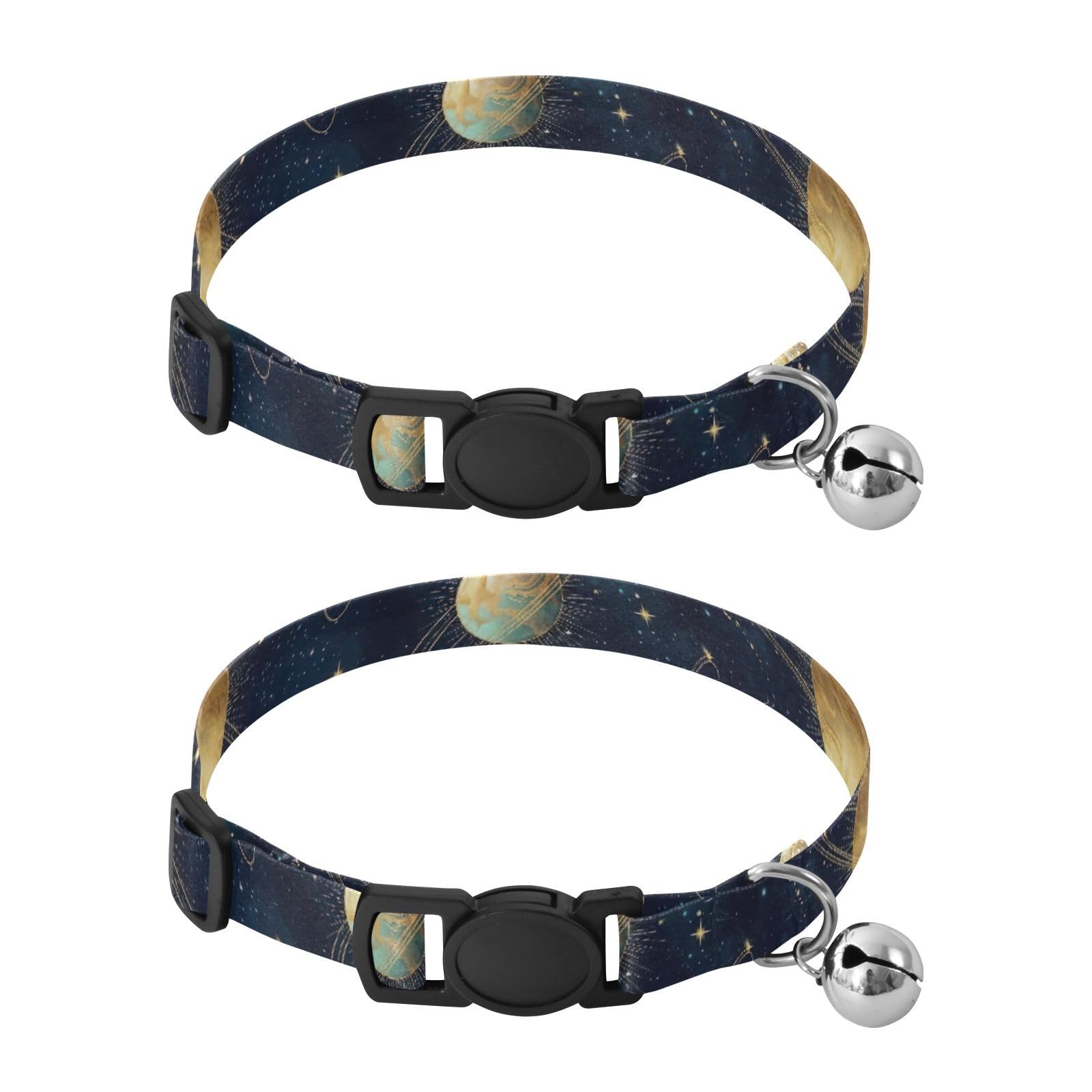 Planets Stars Cosmic Sky Collars for Cats, 2 Pack Cat Bell Collar