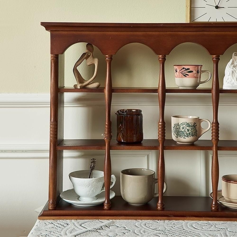 Vintage Wall-Mounted Curio Case, Wooden Coffee Cup Display Rack, Shadow Box Display Stands, Wall or Desk Top Storage Rack for Bedroom, Living Room, Kitchen(Brown)