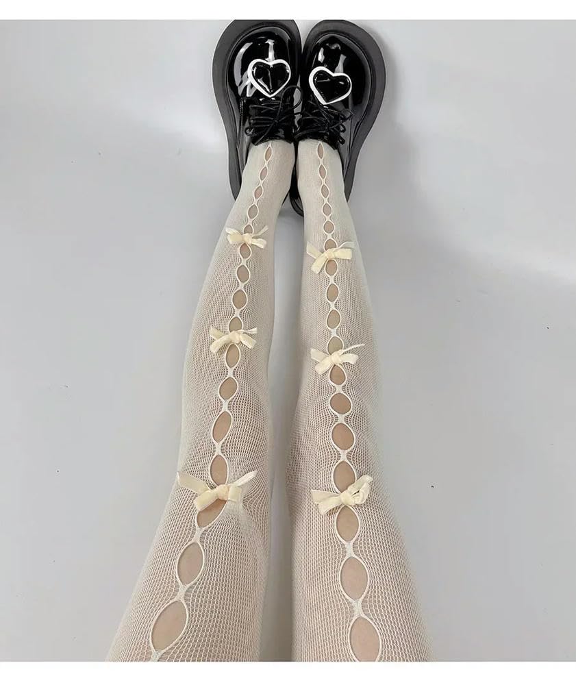MEIFULLE Lolita Cosplay Girls Bowknot Hollow Out Pantyhose Sexy Thin Ins Tide Lace Tights Anime Socks Black White Fishnet Silk Stockings