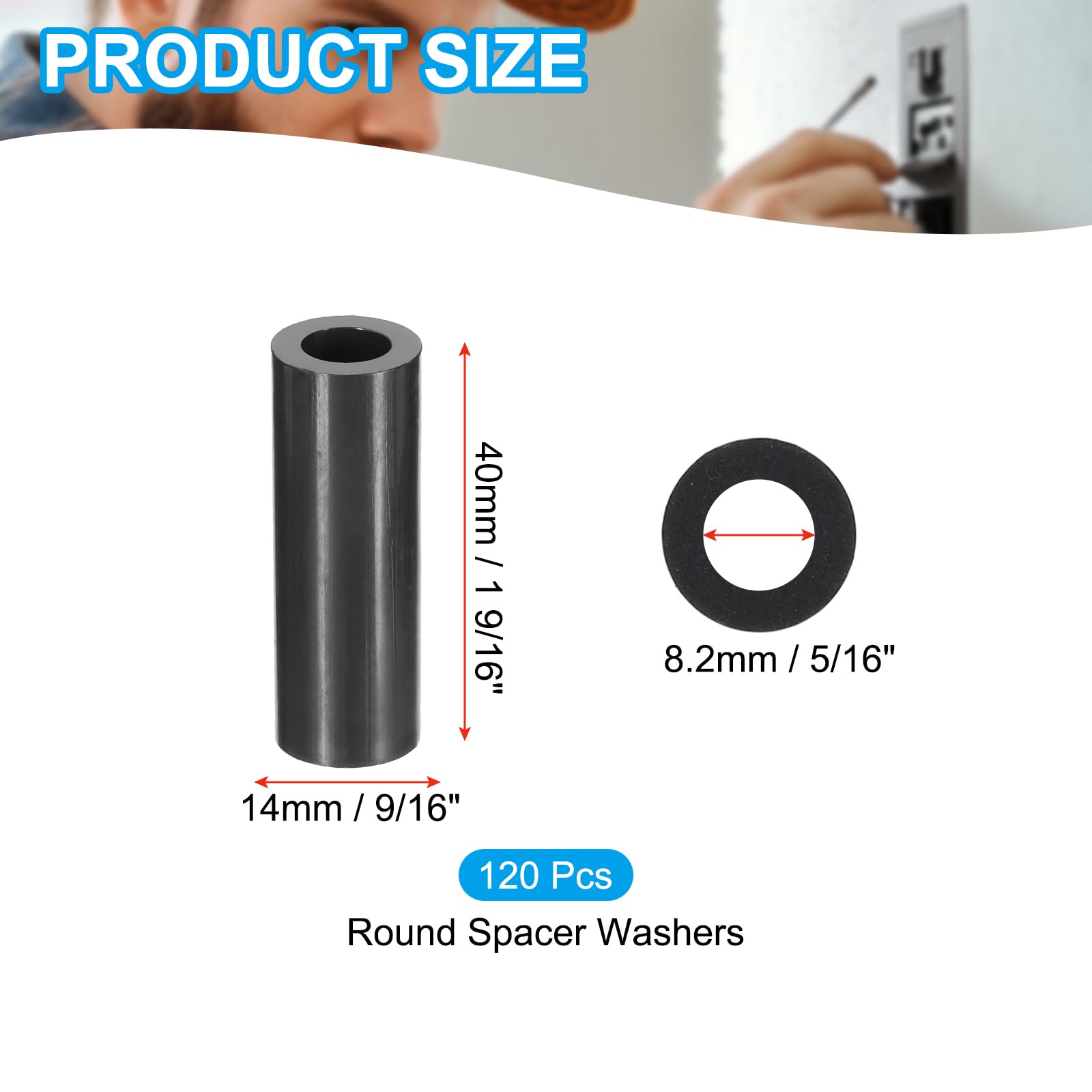 PATIKIL 120Pcs M8 ABS Spacers 5/16" ID x 9/16" OD x 1 9/16" L Plastic Round Spacer Washers Black Standoff Nut Unthreaded for M8 or 5/16 inch Screws Bolts Electrical Outlet - Image 2