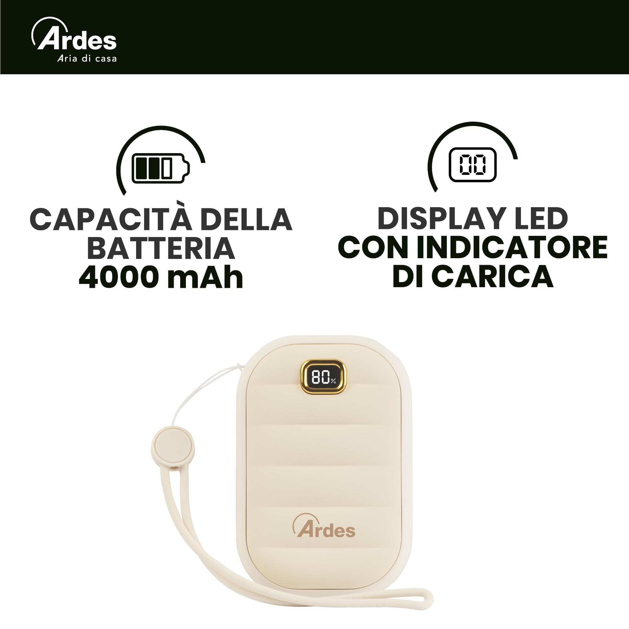 Ardes AR080 Scaldamani Elettrico Portatile, Scaldino Ricaricabile Powerbank 4000 mAh, USB Riutilizzabile Riscaldatore, 4 Livelli di Calore, Scalda Mani Tascabile